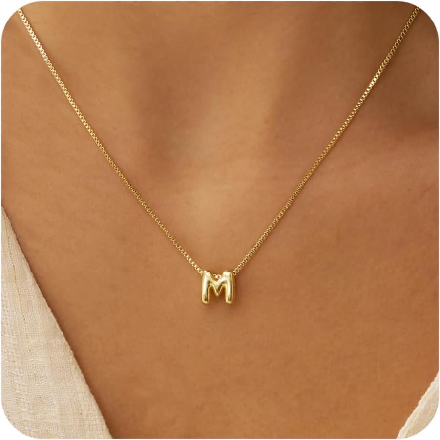 Bubble Letter Necklaces for Women, 14K Gold Plated Letter Necklace, Dainty Gold Initial Necklaces for Women Personalized Bubble Pendant Name Necklace, Trendy Gold Jewelry